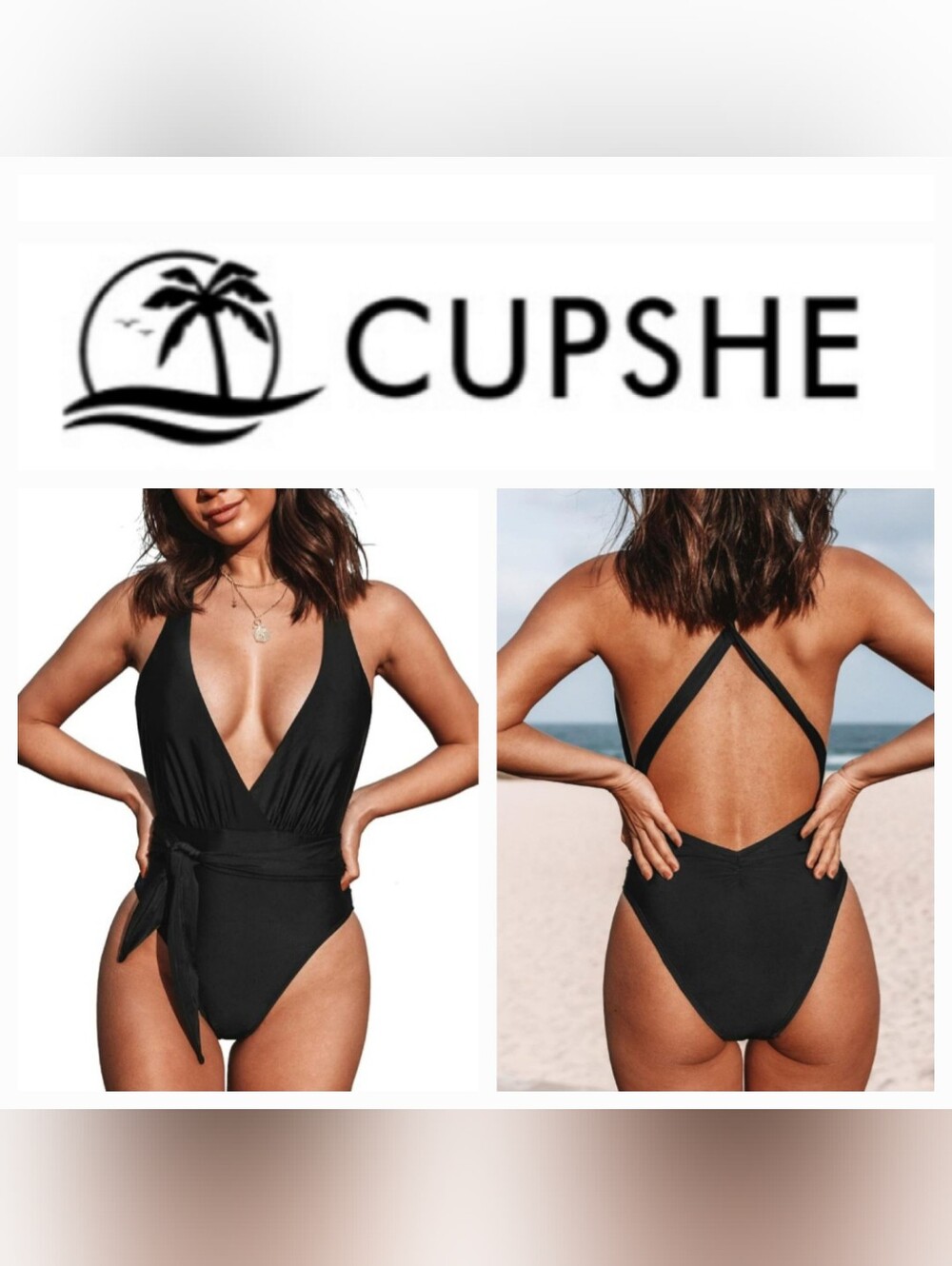 Cupshe Plunging 1-Piece Swimsuit Black Tie Front Sz M NWT Sexy Minimalist